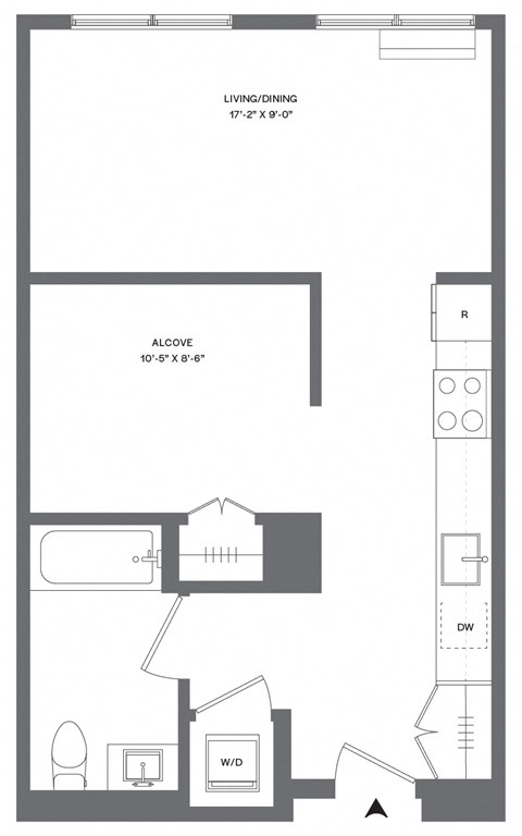 Floor plan for studio, 1 bath, 531 sqft